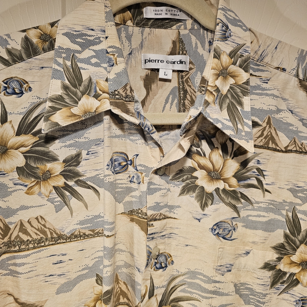 Pierre Cardin Men's Hawaiian Camp Shirt With Blue And Green Fish And Mountains